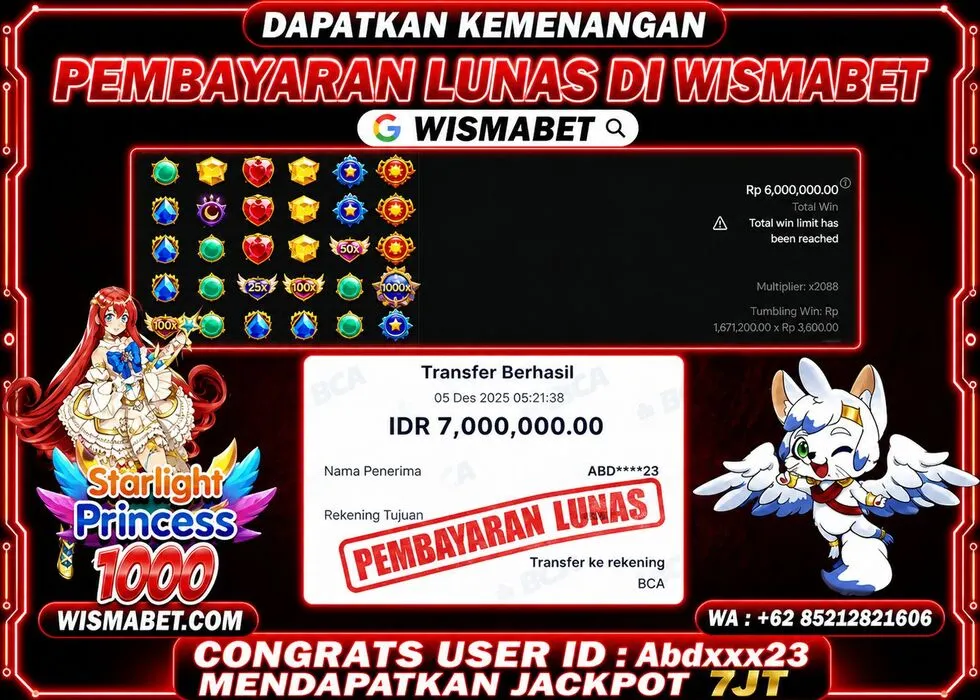 Wismabet - BUKTI KEMENANGAN JACKPOT Starlight Princess 1000 Rp7,000,000,- LUNAS