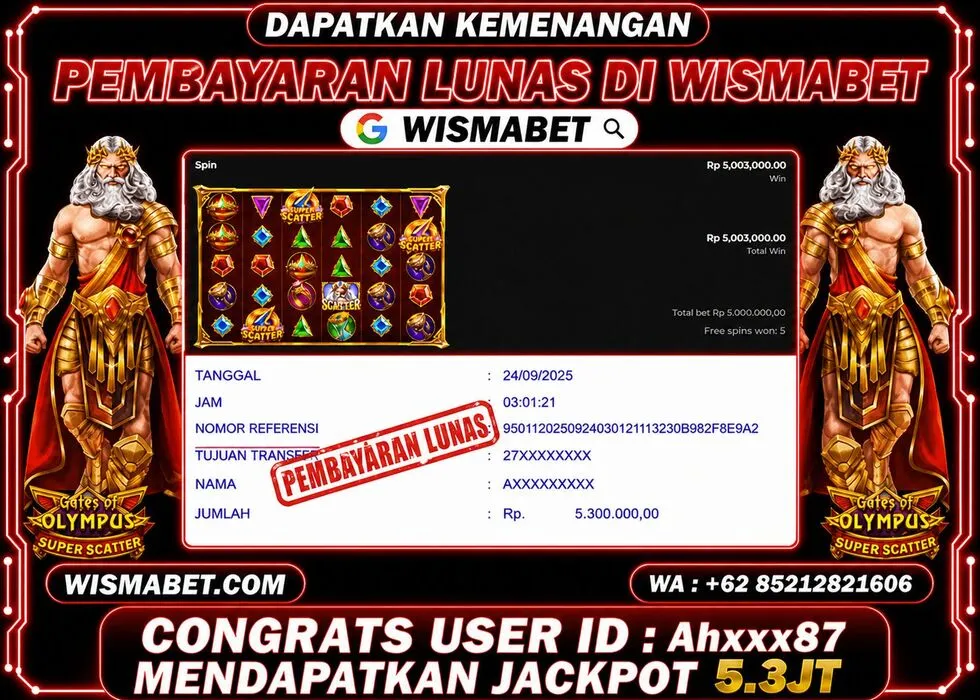 Wismabet - BUKTI KEMENANGAN Gates Of Olympus Superscatter Rp5,300,000,- LUNAS