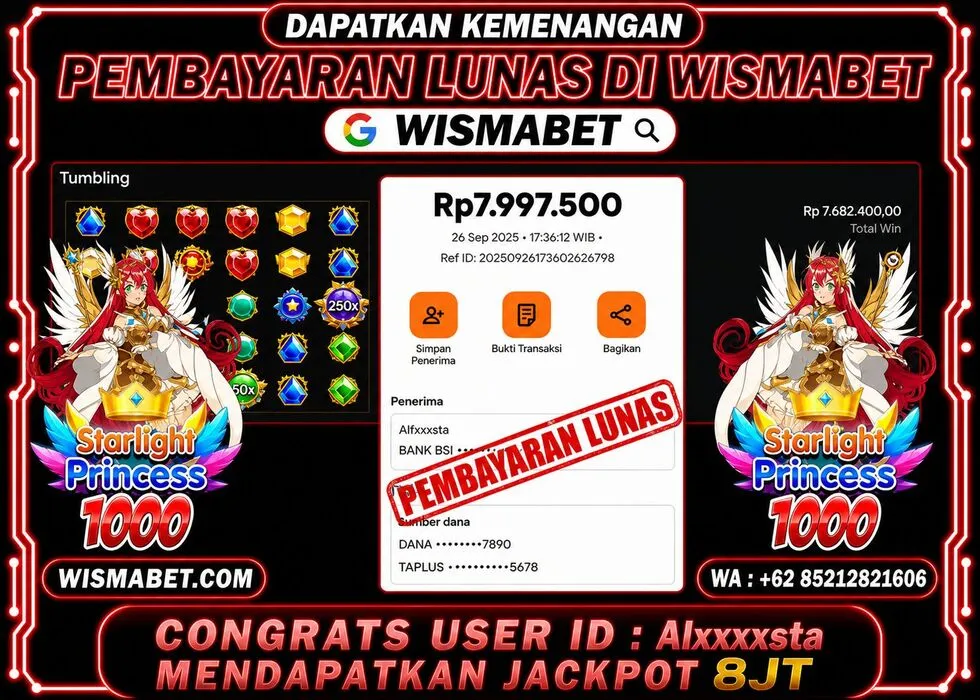 Wismabet - BUKTI KEMENANGAN Starlight Princess 1000x Rp8,000,000,- LUNAS