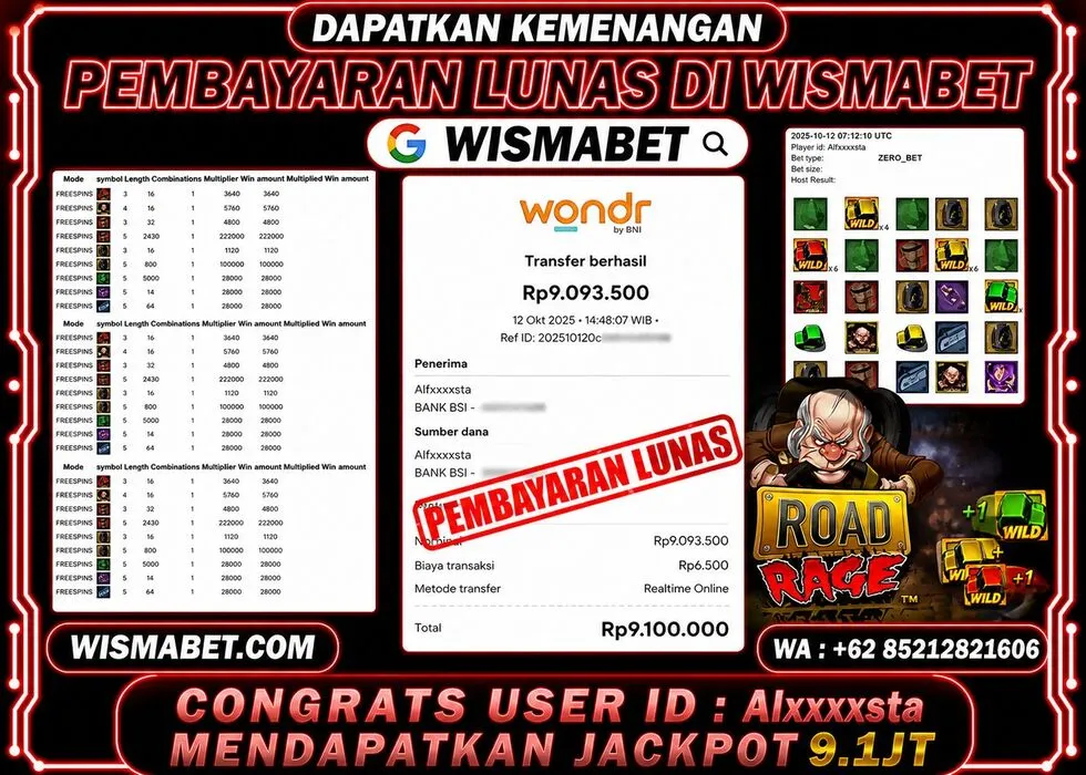 Wismabet - BUKTI KEMENANGAN Road Rage Rp9,100,000,- LUNAS