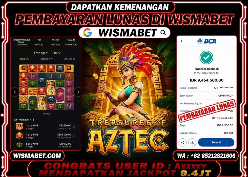 Wismabet - BUKTI KEMENANGAN Treasures of Aztec Rp9,467,000,- LUNAS