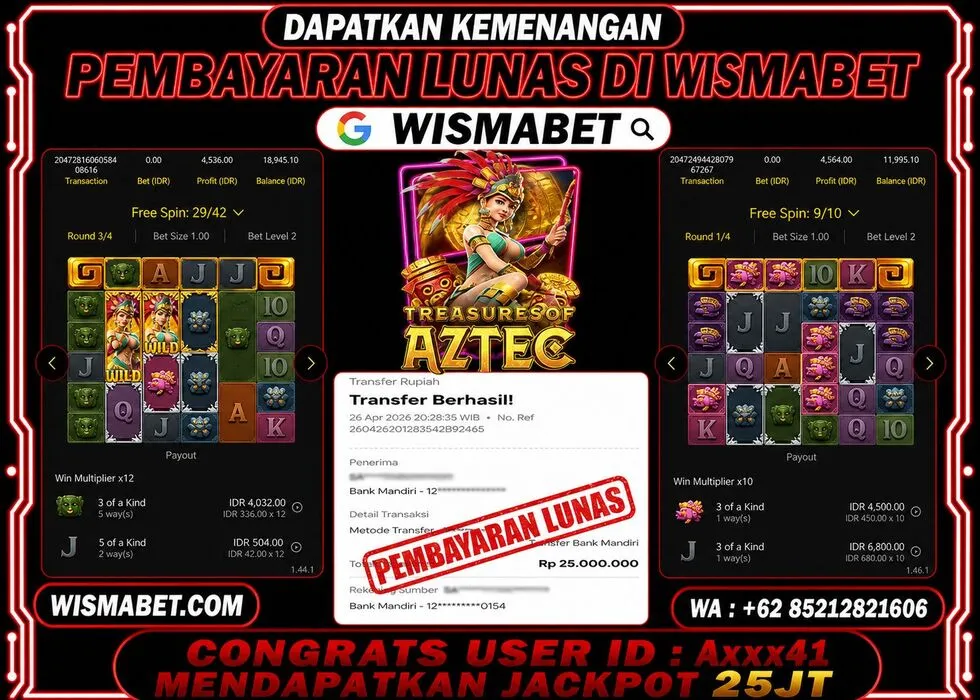Wismabet - BUKTI KEMENANGAN Treasure of Aztec Rp25,000,000,- LUNAS