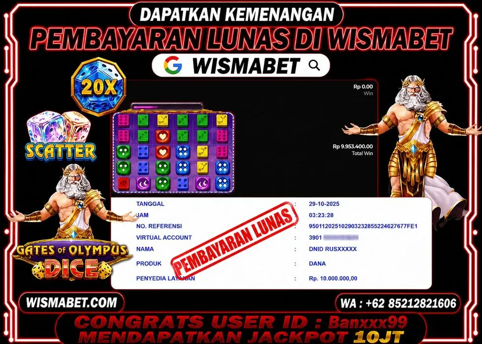 Wismabet - BUKTI KEMENANGAN Gates Of Olympus 1000x Dice Rp10,000,000,- LUNAS