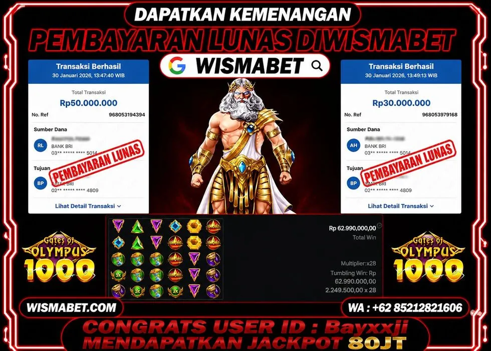 Wismabet - BUKTI KEMENANGAN JACKPOT Gates of Olympus 1000 Rp80,000,000,- LUNAS