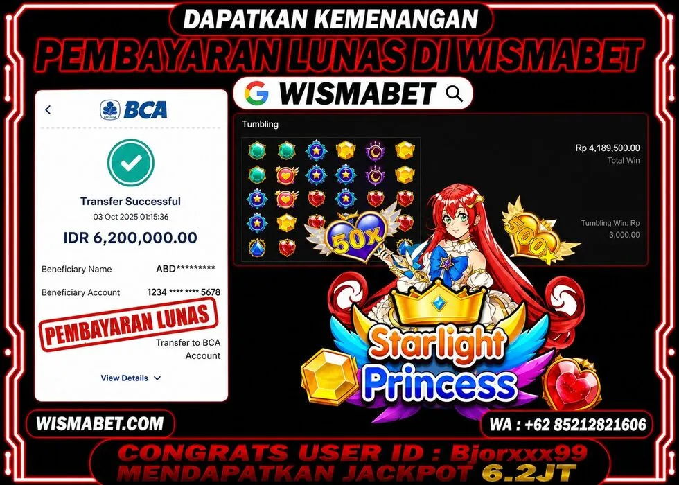 Wismabet - BUKTI KEMENANGAN Starlight Princess Rp6,200,000,- LUNAS
