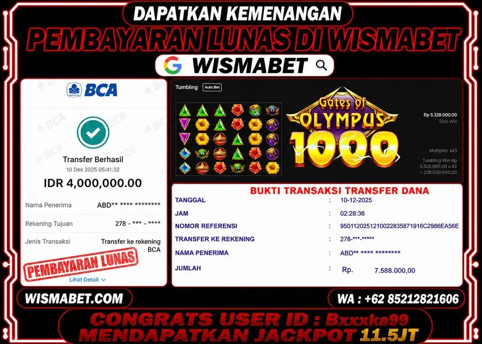 Wismabet - BUKTI KEMENANGAN Gates Of Olympus 1000  Rp11,588,000,- LUNAS