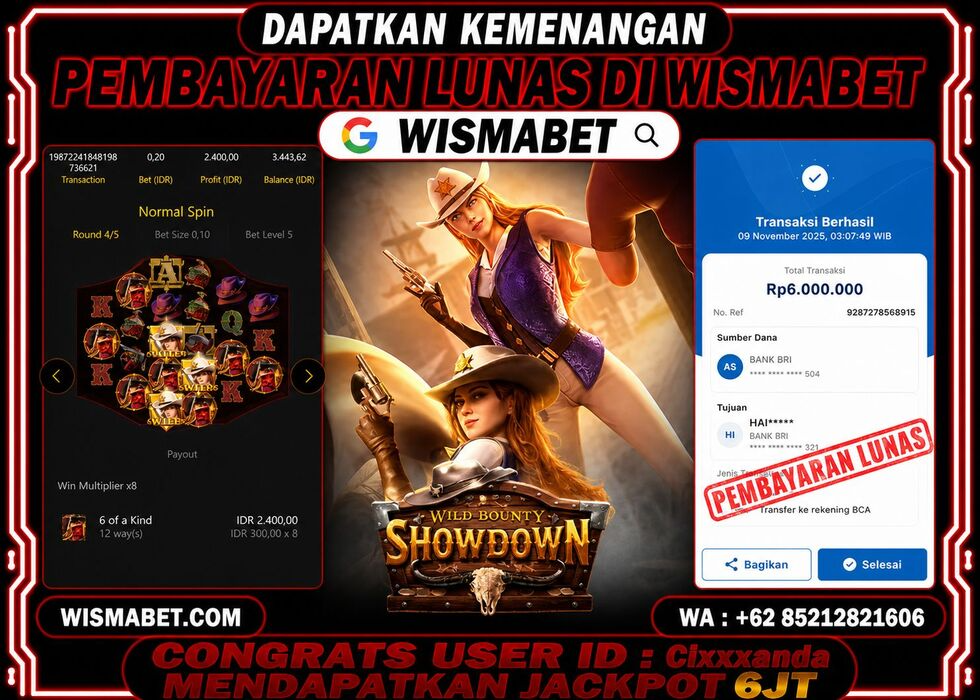 Wismabet - BUKTI KEMENANGAN Wild Bounty Showdown Rp6,000,000,- LUNAS