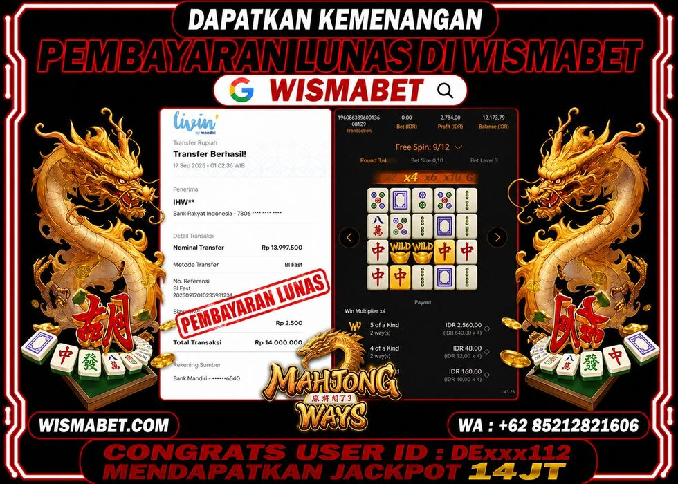 Wismabet - BUKTI KEMENANGAN Mahjong Ways Rp14,000,000,- LUNAS