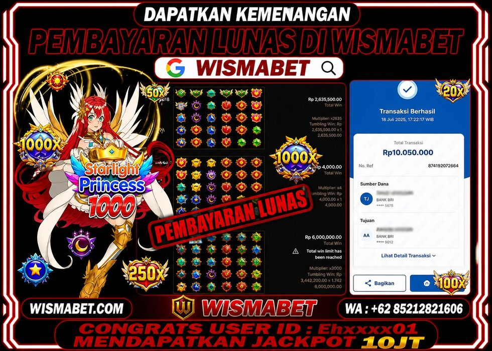 Wismabet - BUKTI KEMENANGAN Starlight Princess 1000 Rp10,050,000,- LUNAS
