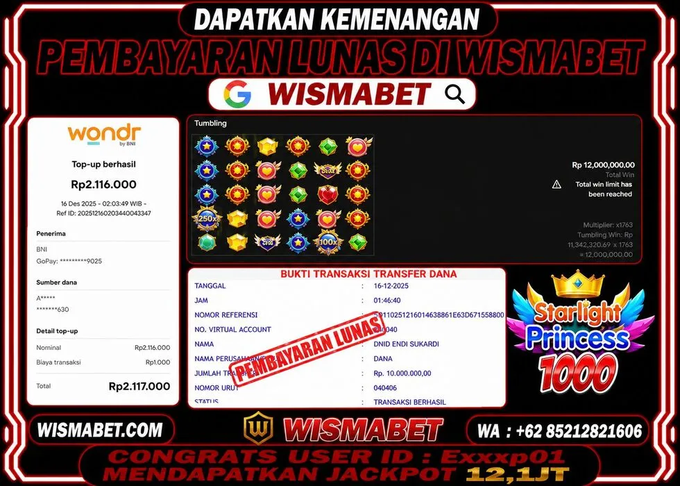 BUKTI KEMENANGAN Starlight Princess 1000 Rp12,100,000- LUNAS