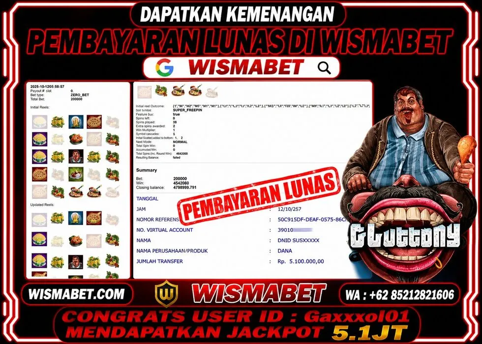 Wismabet - BUKTI KEMENANGAN Gluttony Rp5,100,000,- LUNAS