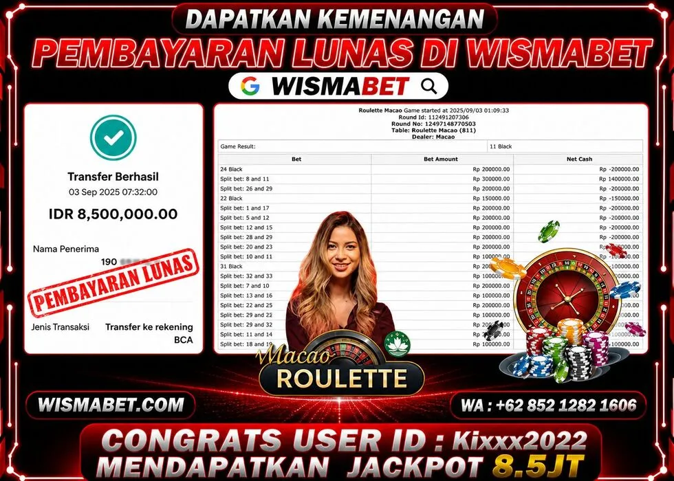 Wismabet - BUKTI KEMENANGAN Macau Roulette Rp8,500,000,- LUNAS