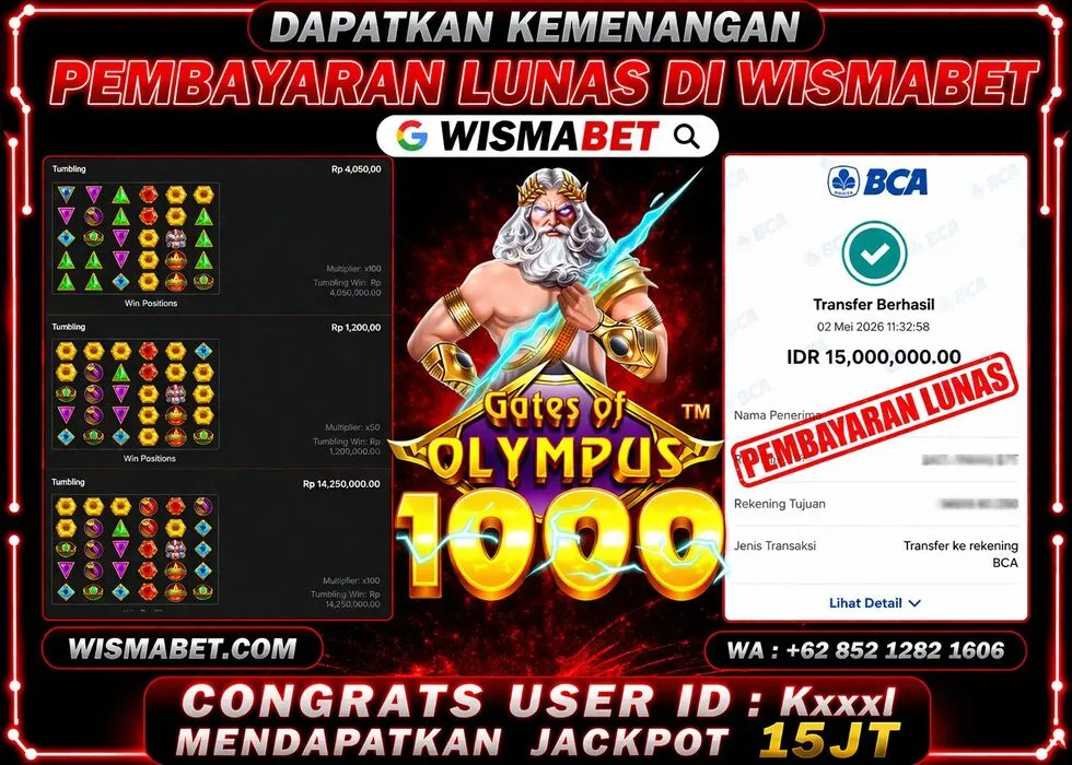 Wismabet - BUKTI KEMENANGAN JACKPOT Gates of Olympus 1000 Rp15,000,000,- LUNAS