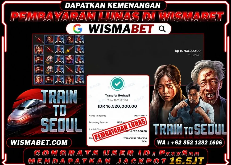 Wismabet - BUKTI KEMENANGAN JACKPOT Train To Seoul Rp16,520,000,- LUNAS