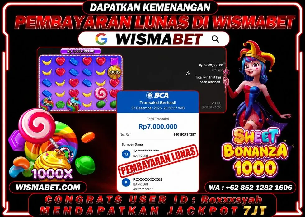 Wismabet - BUKTI KEMENANGAN Sweet Bonanza x1000 Rp7,000,000,- LUNAS