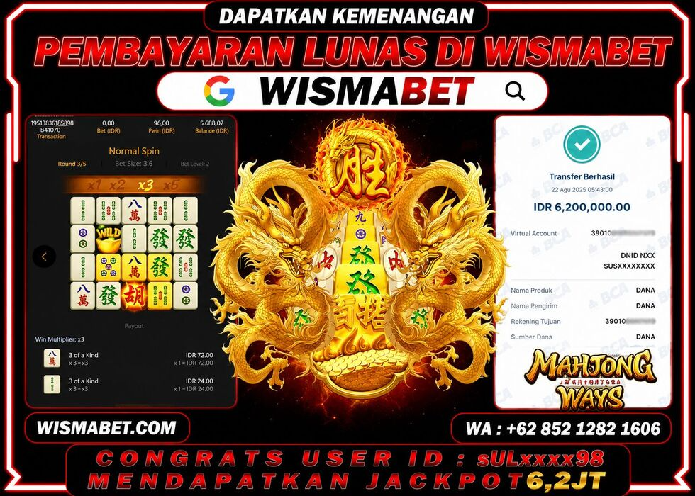 Wismabet - BUKTI KEMENANGAN Mahjong Ways Rp6,200,000,- LUNAS