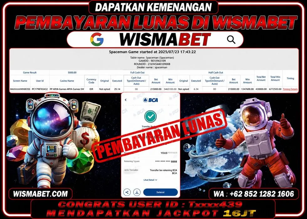 Wismabet - BUKTI KEMENANGAN Spaceman Rp16,000,000,- LUNAS