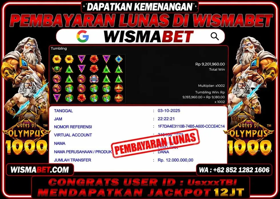Wismabet - BUKTI KEMENANGAN Gates Of Olympus 1000x Rp12,000,000,- LUNAS