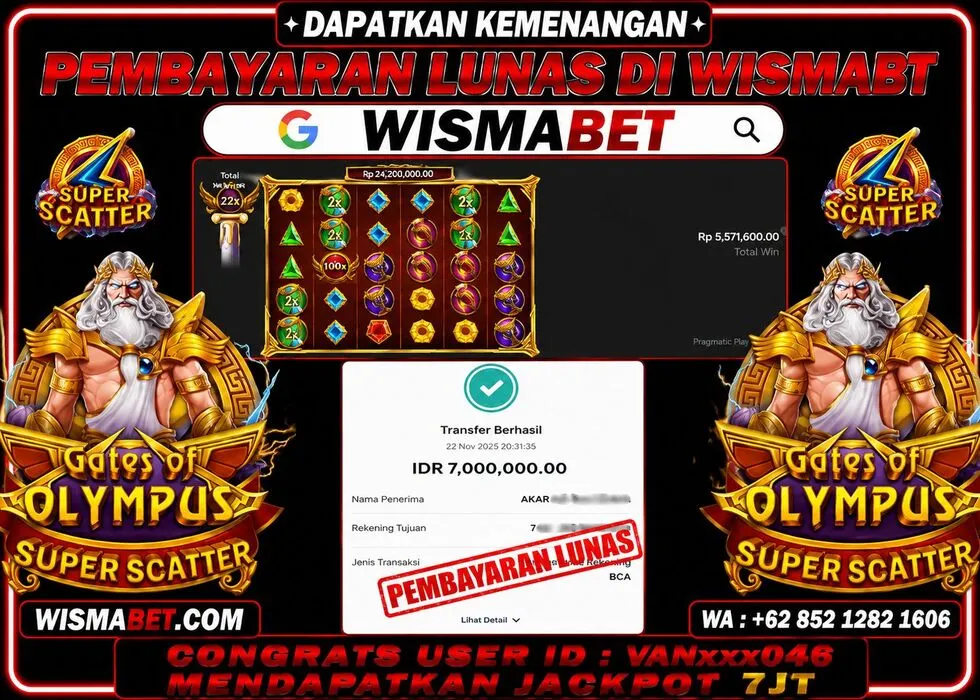 Wismabet - BUKTI KEMENANGAN Gates of Olympus Super Scatter Rp7,000,000,- LUNAS