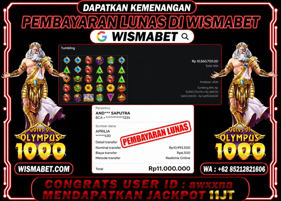 Wismabet - BUKTI KEMENANGAN Gates Of Olympus 1000x Rp11,000,000,- LUNAS