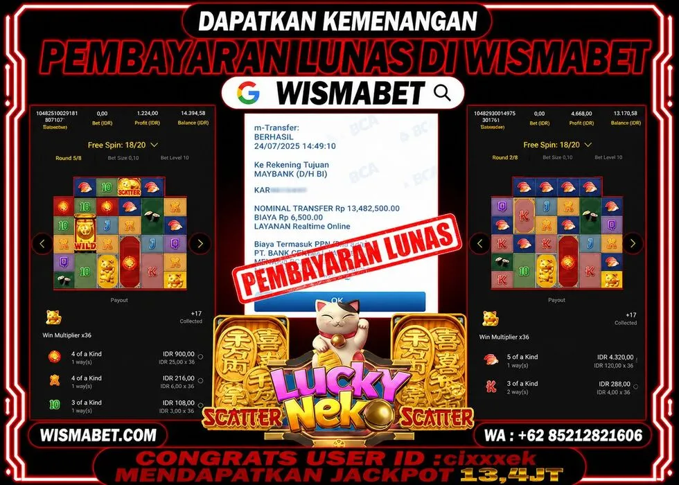 Wismabet - BUKTI KEMENANGAN Lucky Neko Rp13,400,000,- LUNAS