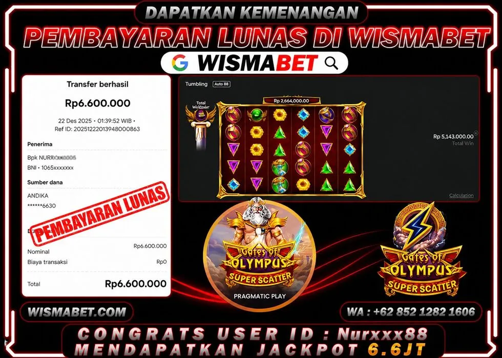 Wismabet - BUKTI KEMENANGAN Gates Of Olympus Superscatter Rp6,600,000,- LUNAS