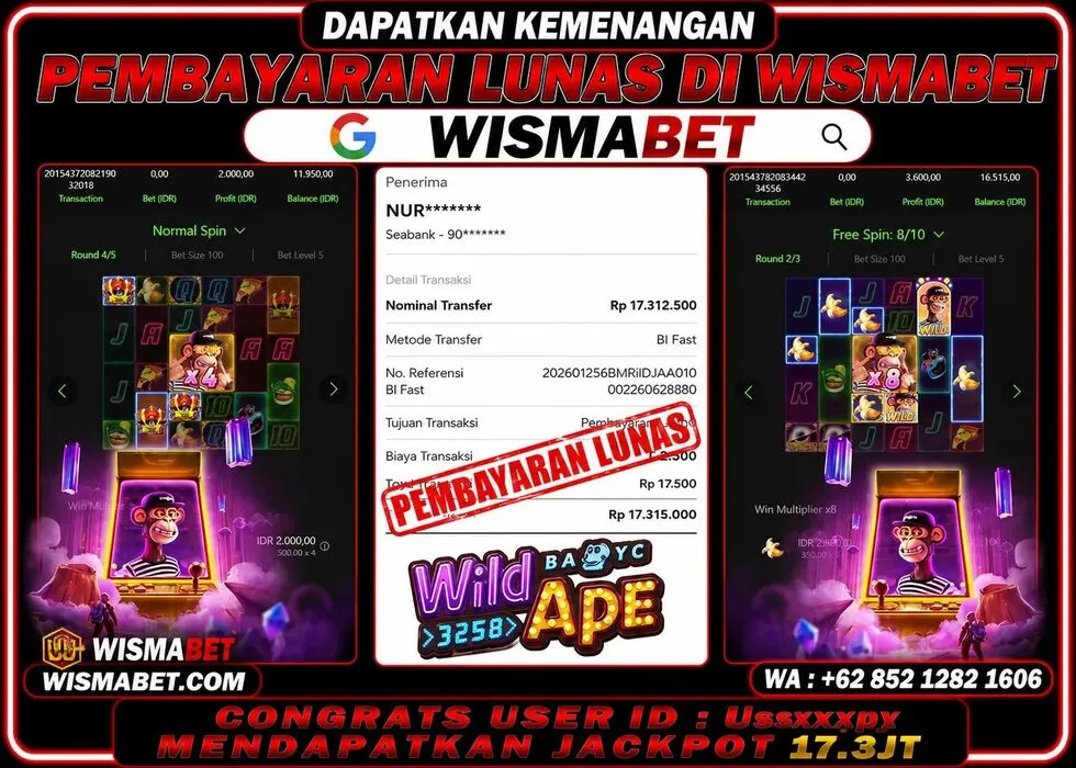 Wismabet - BUKTI KEMENANGAN JACKPOT Wild Ape Rp17,315,000,- LUNAS