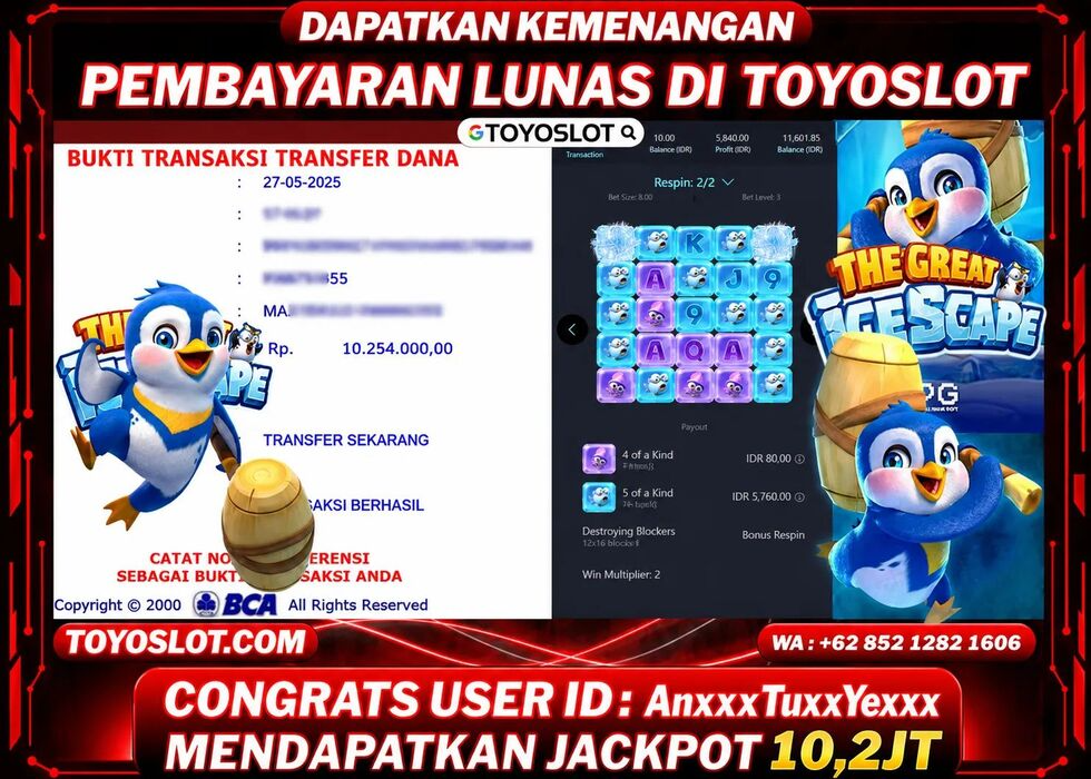 Wismabet - BUKTI KEMENANGAN JACKPOT The Great IceScape Rp10,254,000,- LUNAS