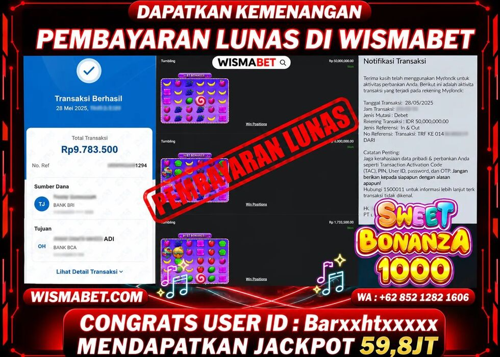 Wismabet - BUKTI KEMENANGAN JACKPOT Sweet Bonanza 1000 Rp59,800,000,- LUNAS