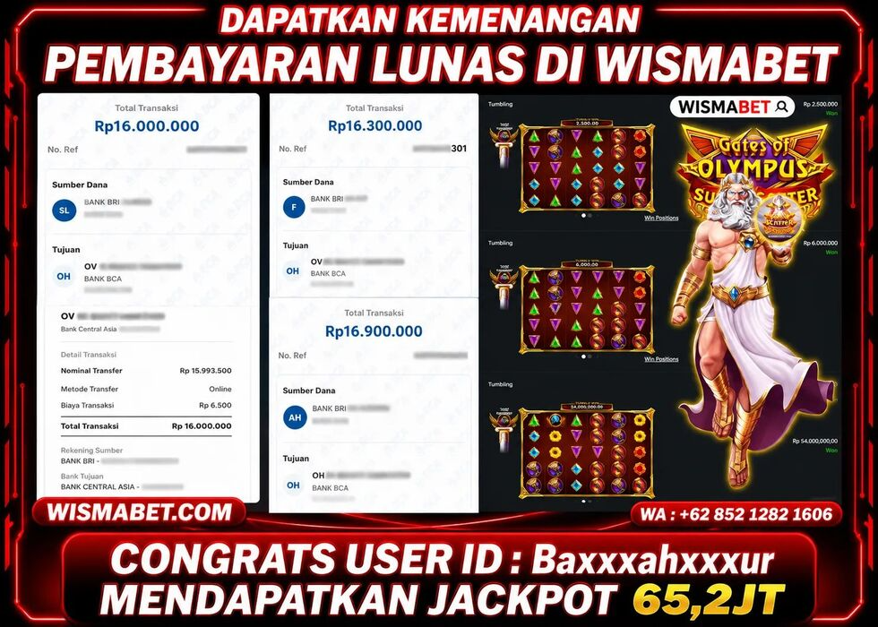 Wismabet - BUKTI KEMENANGAN JACKPOT Gates of Olympus Super Scatter Rp65,200,000,- LUNAS