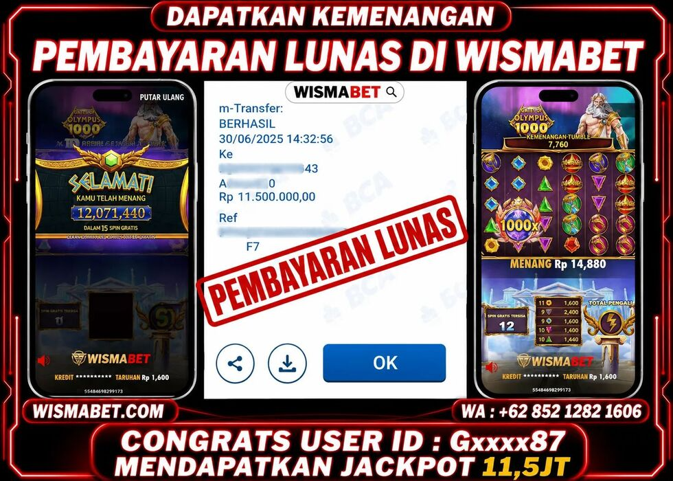 Wismabet - BUKTI KEMENANGAN Gates of Olympus 1000 Rp11,500,000,- LUNAS