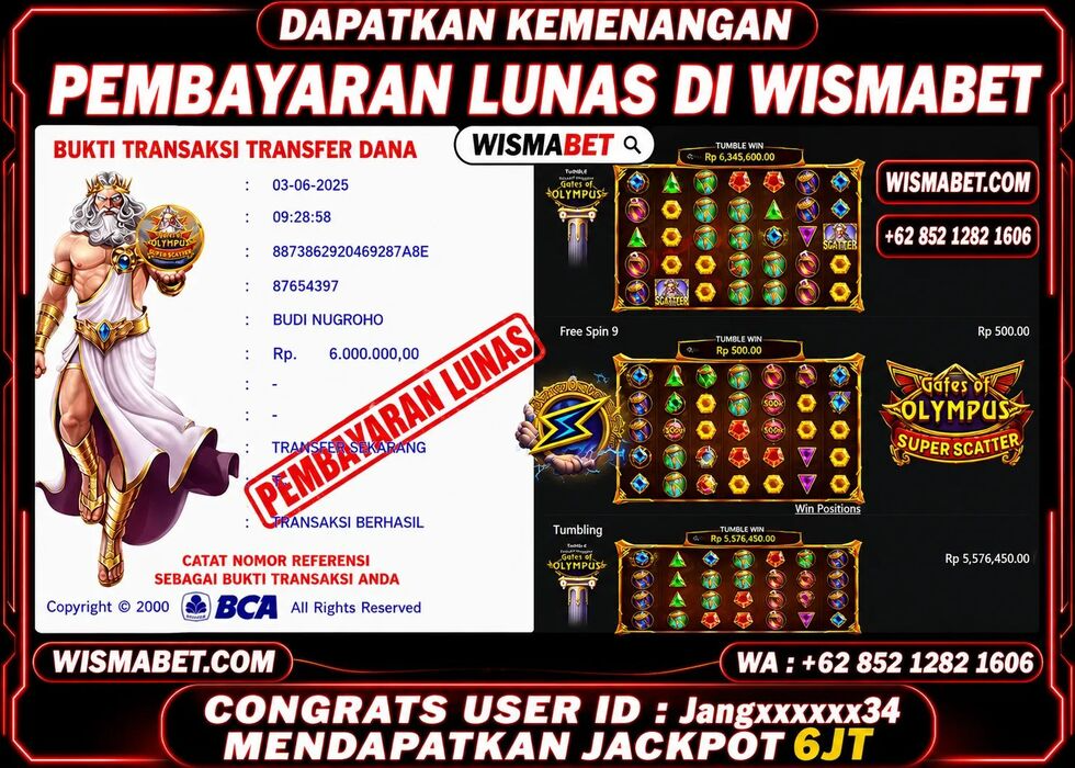 Wismabet - BUKTI KEMENANGAN Gates of Olympus Super Scatter Rp6,000,000,- LUNAS
