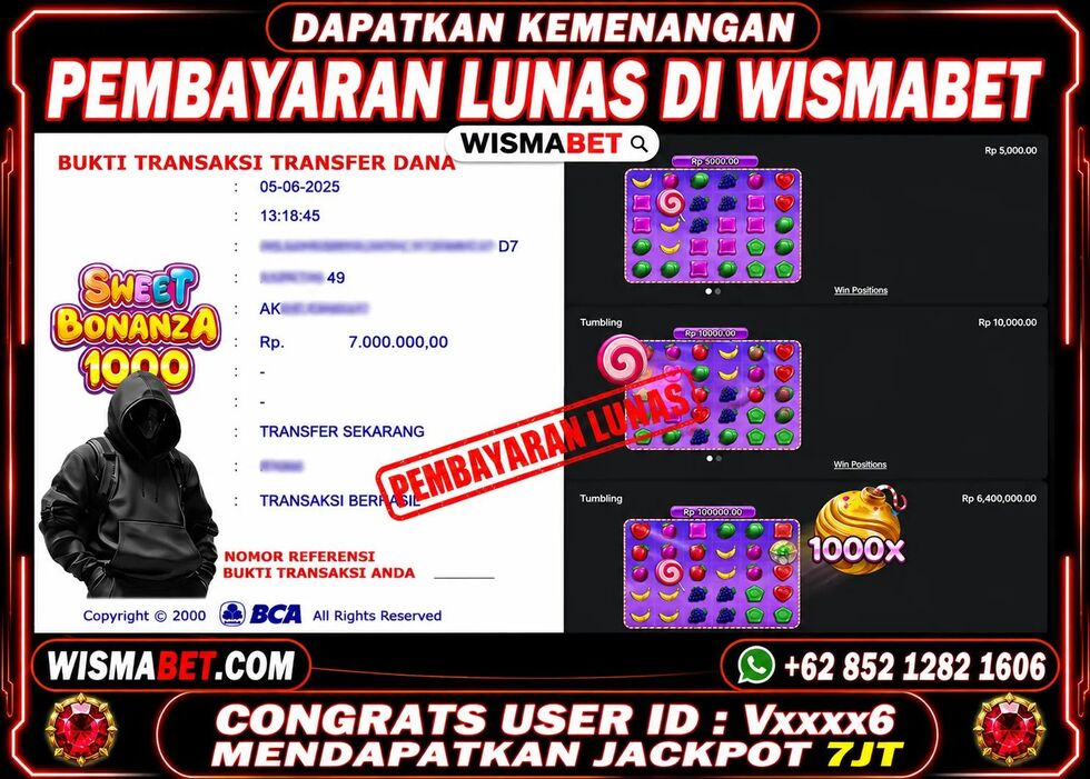 Wismabet - BUKTI KEMENANGAN Sweet Bonanza 1000 Rp7,000,000,- LUNAS