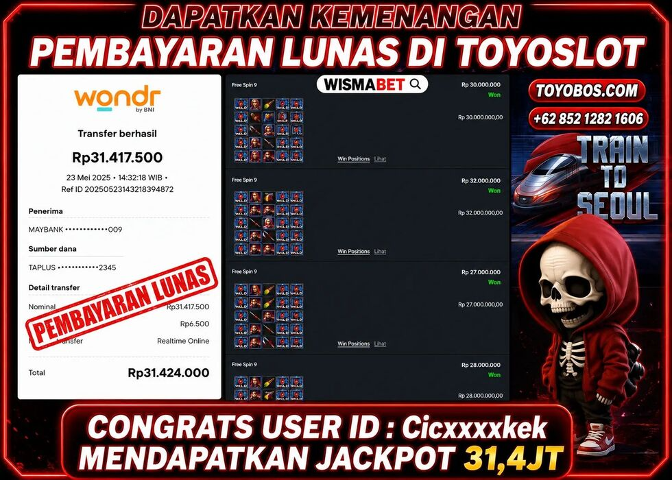 Wismabet - BUKTI KEMENANGAN JACKPOT TRAIN TO SEOUL Rp31,424,000,- LUNAS