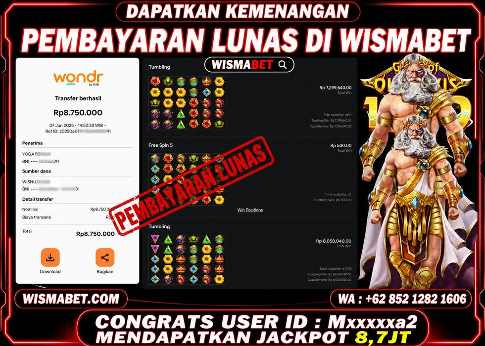 Wismabet - BUKTI KEMENANGAN Gates of Olympus 1000 Rp8,750,000,- LUNAS
