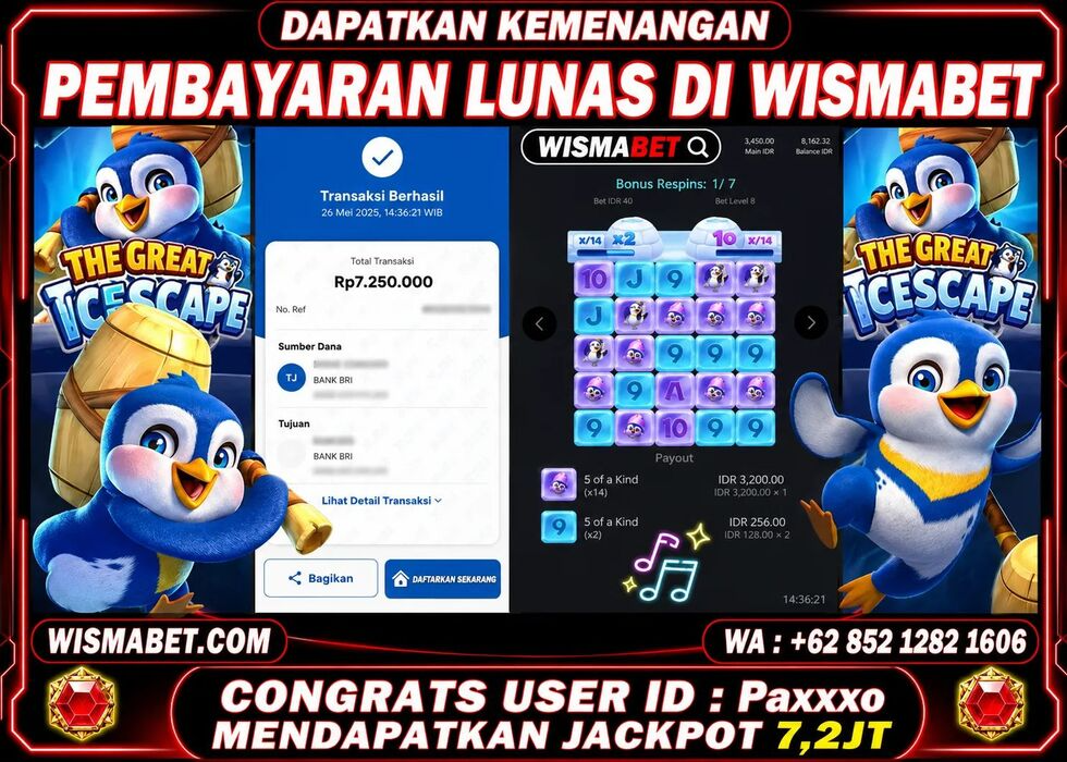 Wismabet - BUKTI KEMENANGAN JACKPOT The Great IceScape Rp7,250,000,- LUNAS